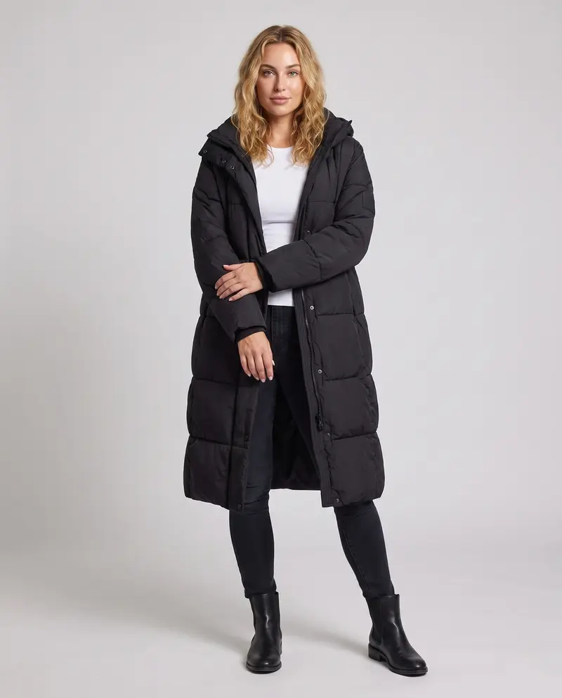 Damen ultraleichter Midi-Steppmantel mit verlängertem Rücken, innovativer Klima-Isolation und winddichtem Außenmaterial