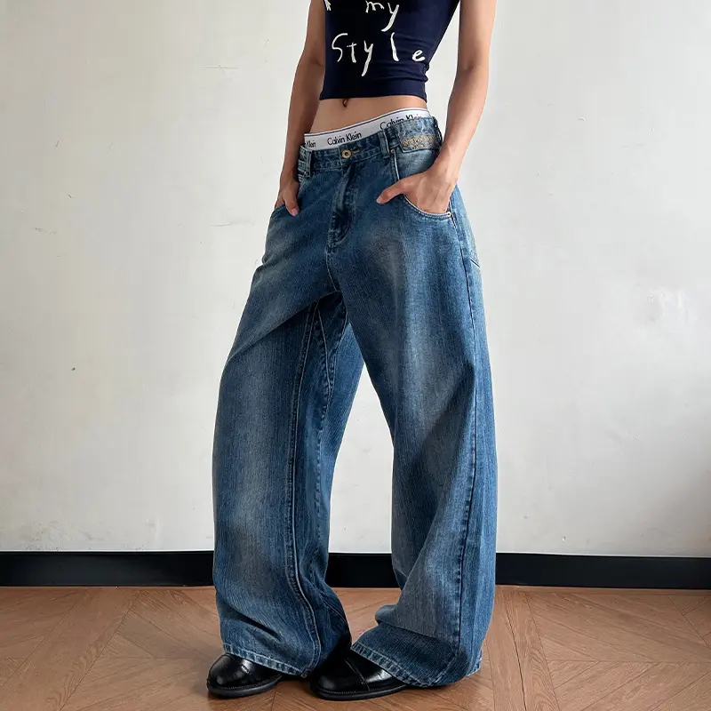 Damen Ultraweit geschnittene Canvas-Five-Pocket-Hose mit tiefer Bundlinie Drune