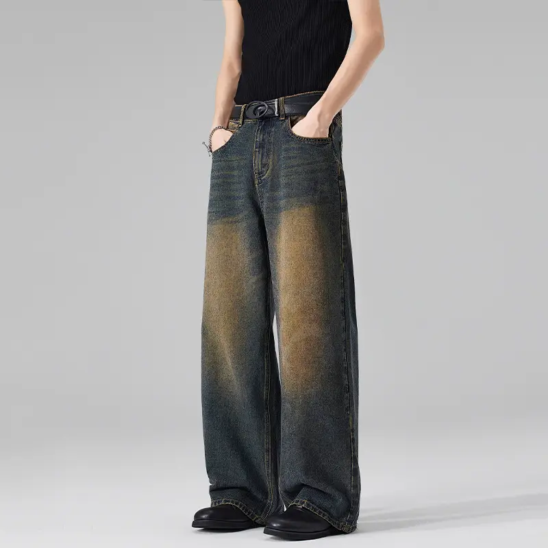 Damen Ultraweite Bodenlange Denim-Palazzohose mit skulpturaler Weite und soften Bleach-Akzenten Drune