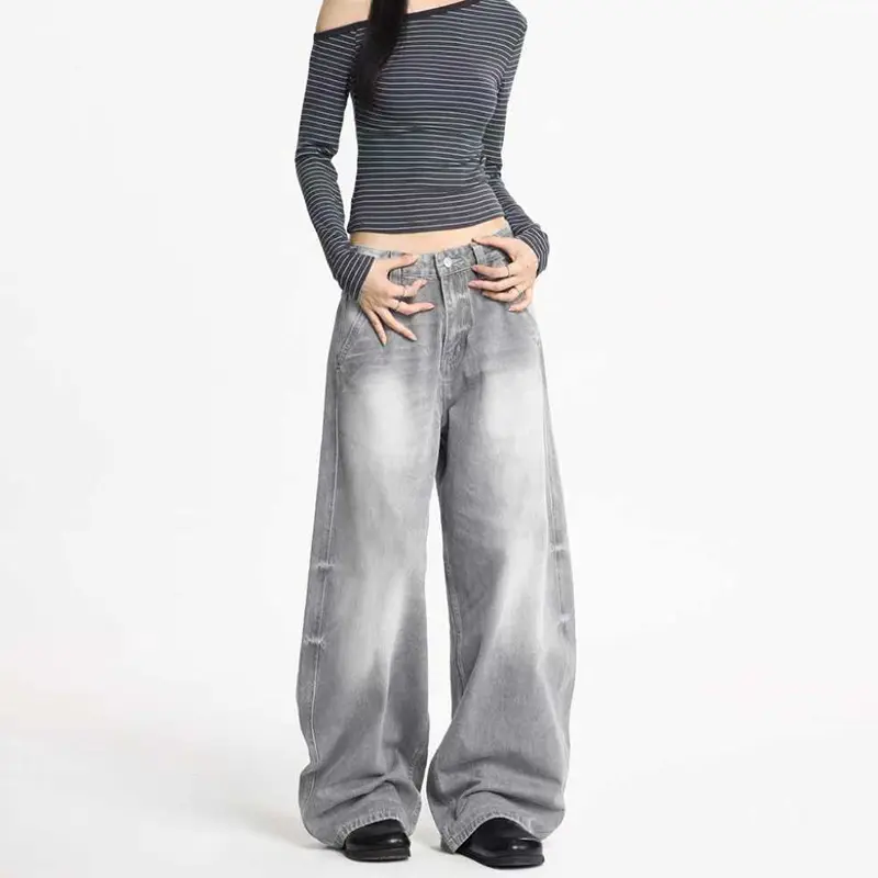 Damen Ultraweite Bodenlange Denim-Palazzohose mit tiefem Schritt und Vintage-Fade Drune