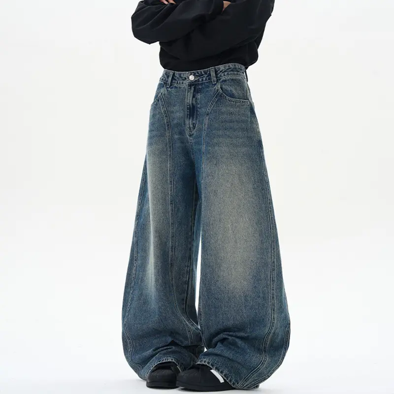 Damen Ultraweite hochgeschnittene Jeans-Palazzohose aus Vintage-Jeansstoff mit tiefem Schritt und skulpturaler Nahtführung Drune