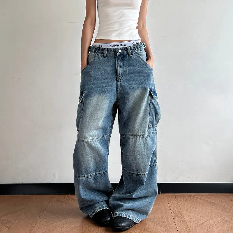 Damen Ultraweite Palazzodenim-Cargohose mit tiefem Schritt und übergroßen Klappentaschen Drune