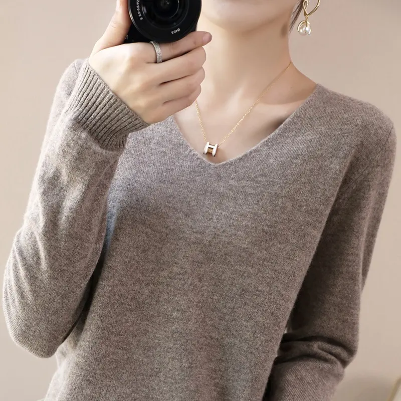 Damen V-Ausschnitt Pullover in Kaschmir-Optik mit legerem Schnitt und Rippbündchen Drune
