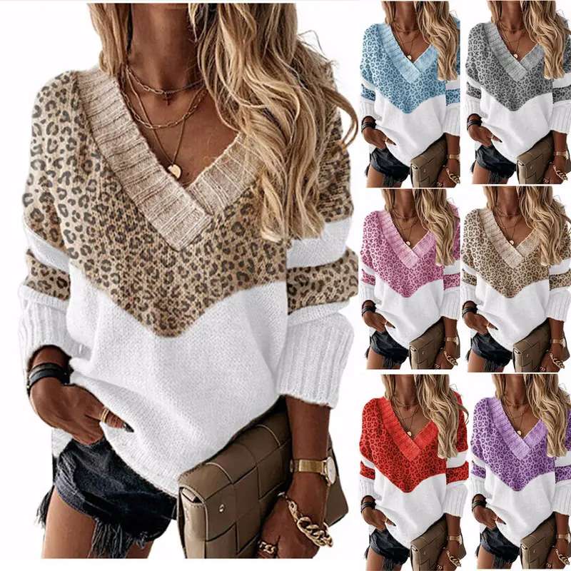 Damen V‑Ausschnitt Strickpullover mit Leo‑Print und Colorblock‑Design Drune