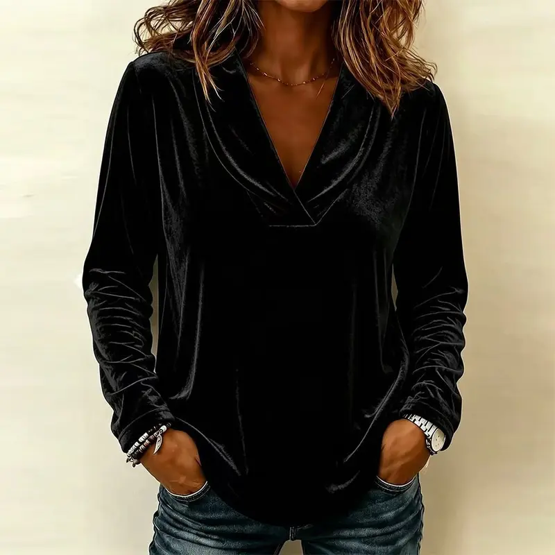 Damen Velours-Longsleeve mit tiefem Schalkragen und gerundetem Saum Drune