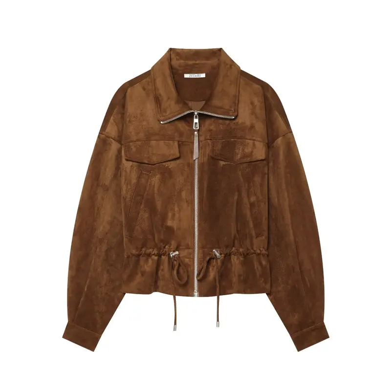 Damen Veloursleder-Optik Bomberjacke mit Tunnelzug und Brustklappen Drune