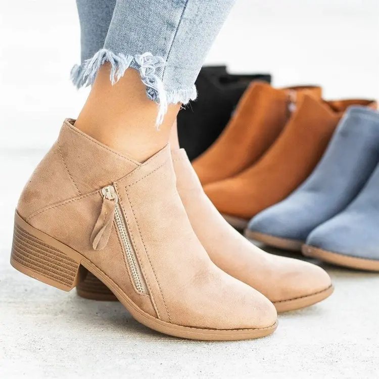 Damen Veloursoptik Ankleboots mit seitlichem Reißverschluss und breitem Blockabsatz Drune