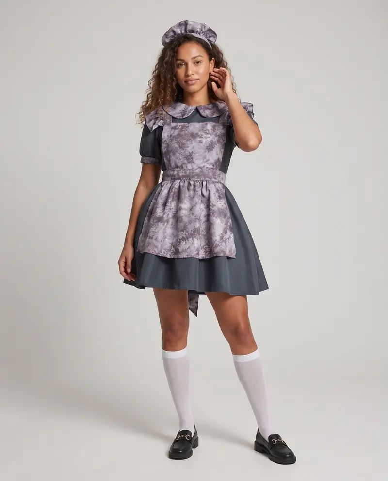 Damen Verspieltes Dienstmädchenkleid mit Haube und Rüschendetails Drune
