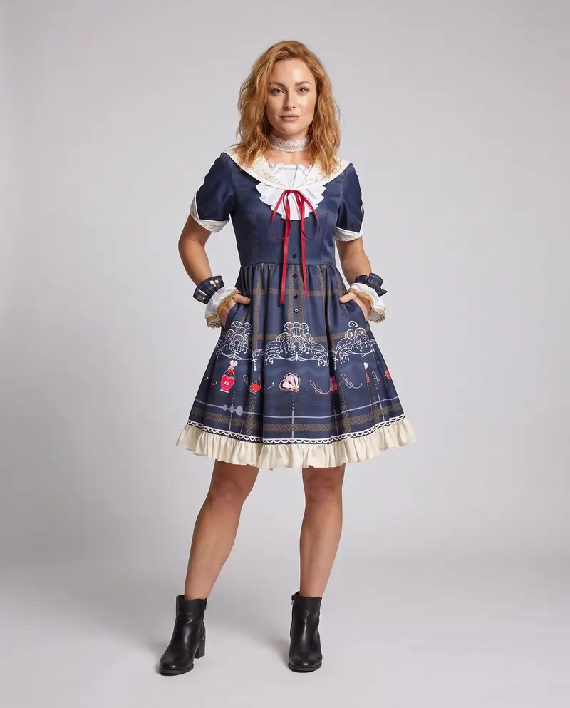 Damen verspieltes Gothic-Kleid mit eleganten Rüschendetails und kunstvollen Accessoires Drune