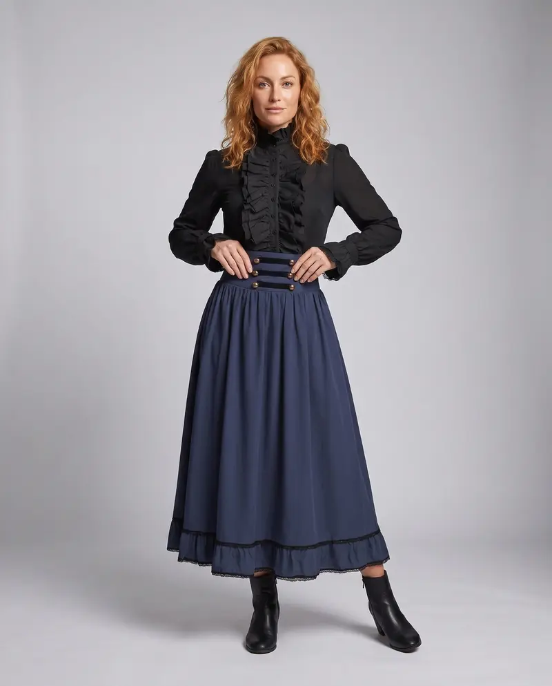 Damen viktorianisches Kleid mit Rüschen und Zierknöpfen Drune