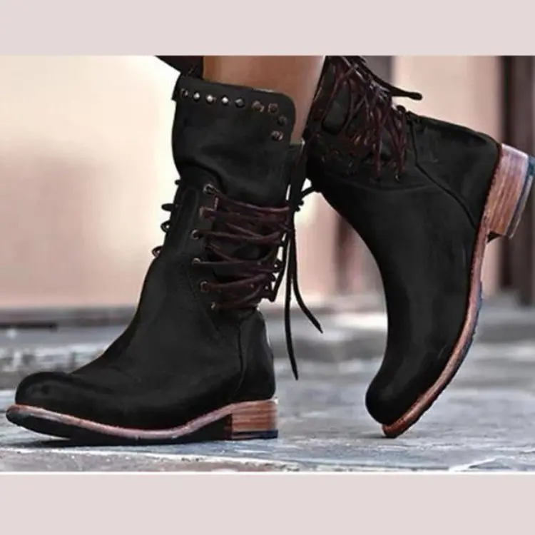 Damen Vintage-Leder Schnürstiefel mit Nietenbesatz und mittlerem Blockabsatz Drune