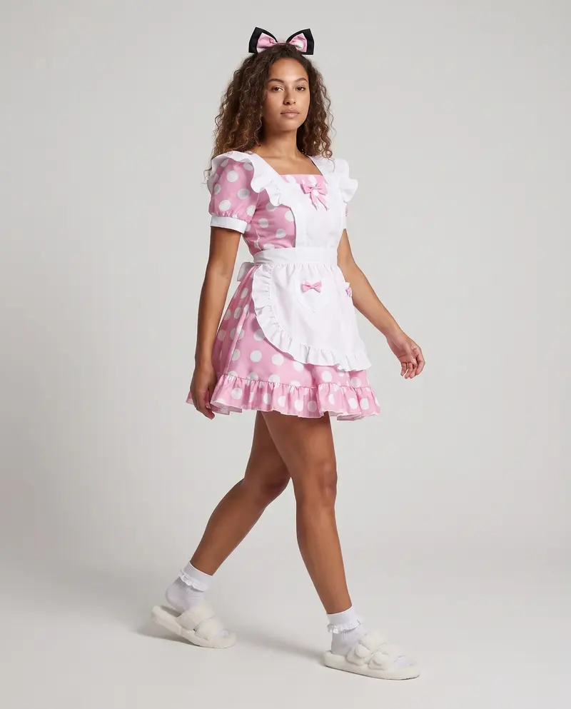 Damen Vintage Schürzenkleid mit Rüschendetails und Punkten Drune