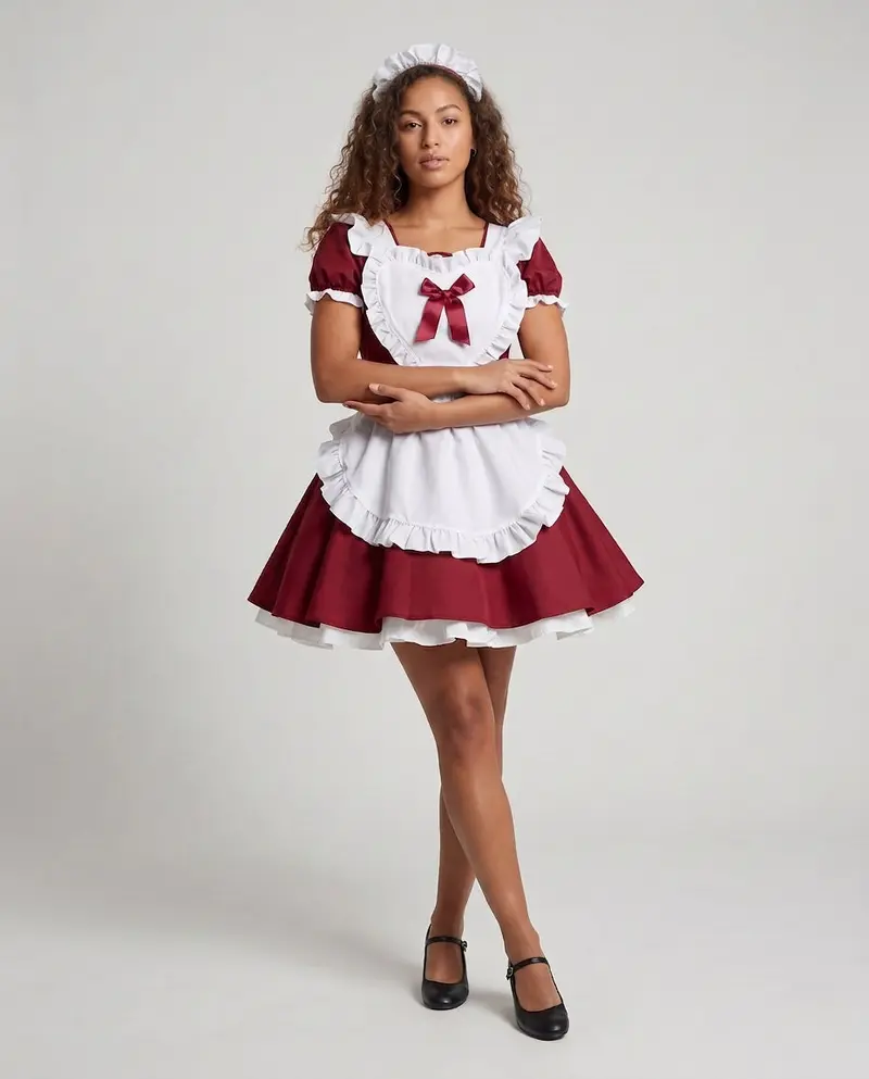 Damen Vintage-Servierkleid mit Rüschen und Haube Drune