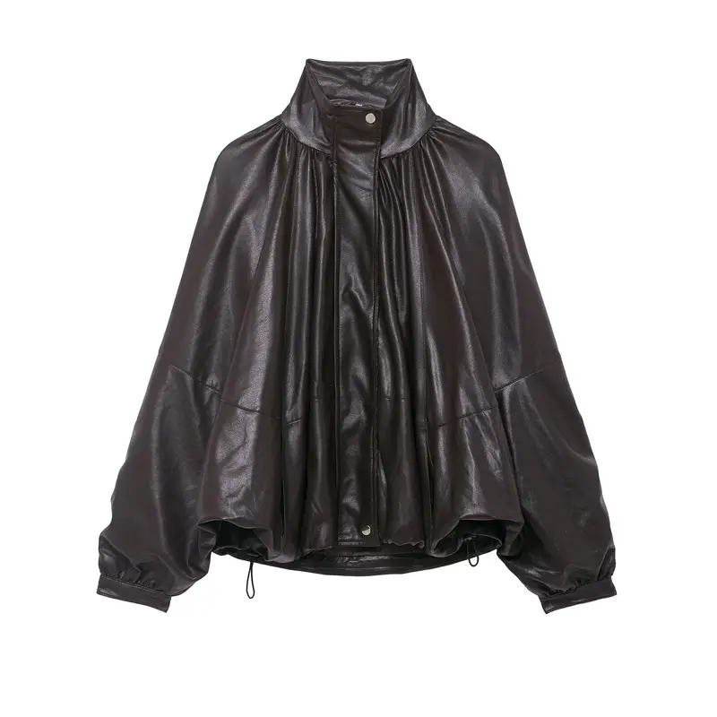Damen Voluminöse Kunstleder-Capejacke mit hohem Stehkragen und Kordelzug Drune