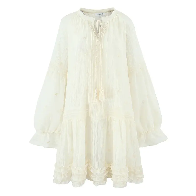 Damen Voluminöses Boho-Minikleid mit Rüschen, Trompetenärmeln und Quastenband Drune