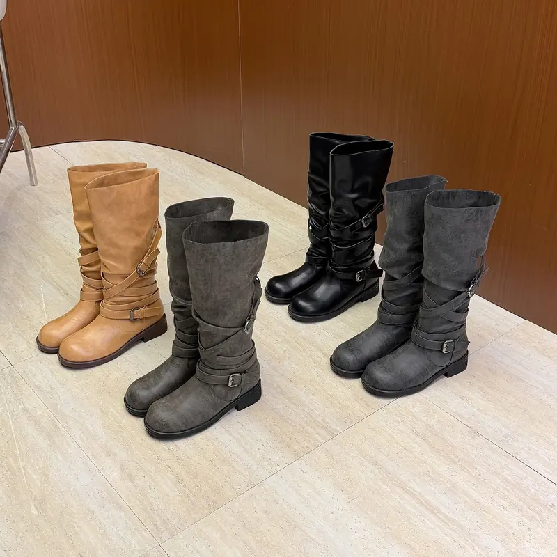 Damen Wadenhohe Bikerstiefel mit Wickelriemen und verstellbaren Schnallen Drune
