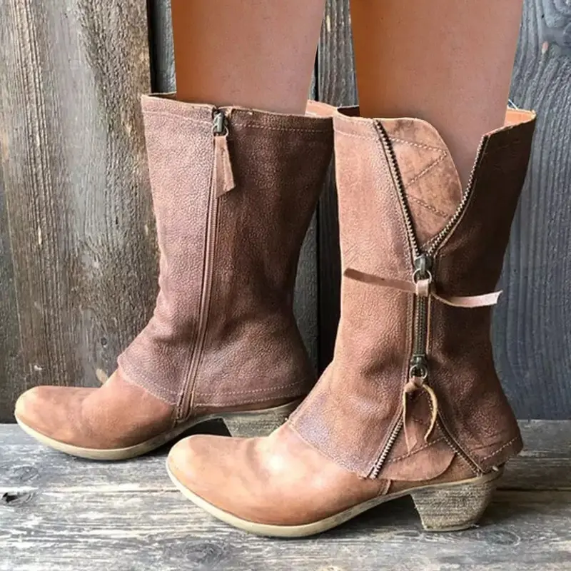 Damen Wadenhohe Western‑Stiefel aus Veloursimitat mit dekorativen Reißverschlüssen und niedrigem Blockabsatz Drune
