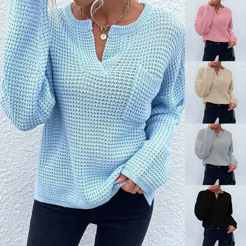 Damen Waffelstrick-Pullover mit V-Schlitz, oversized Schnitt und Ballonärmeln Drune