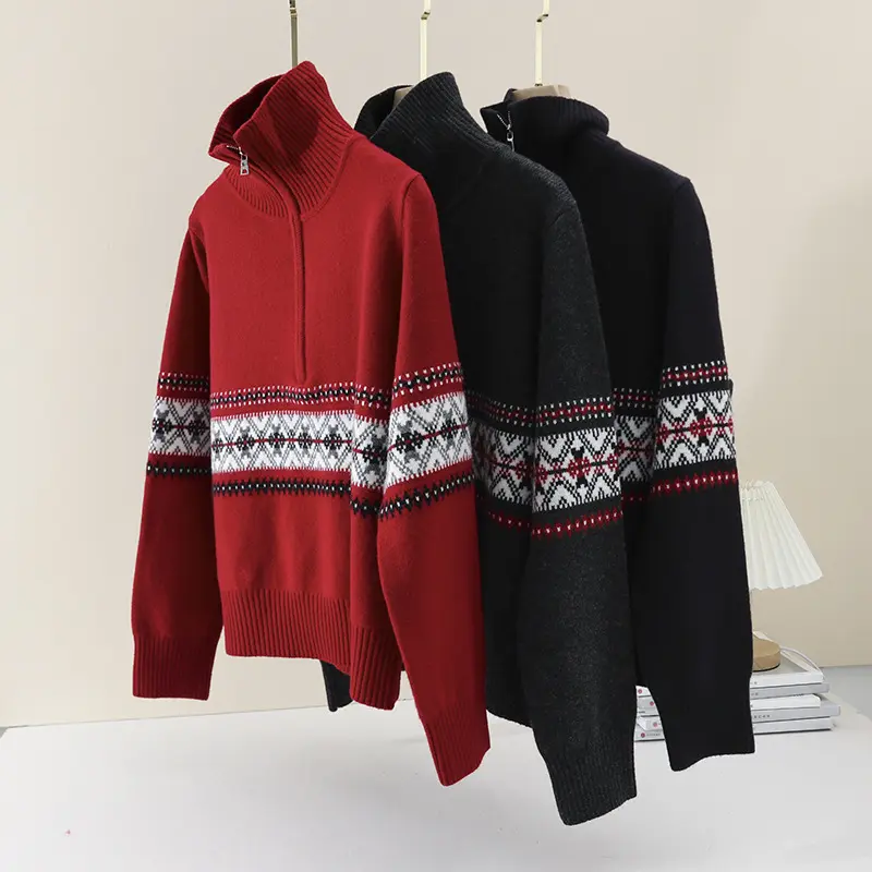 Damen Wärmender Norweger-Strickpullover mit halbem Reißverschluss und hohem Stehkragen Drune