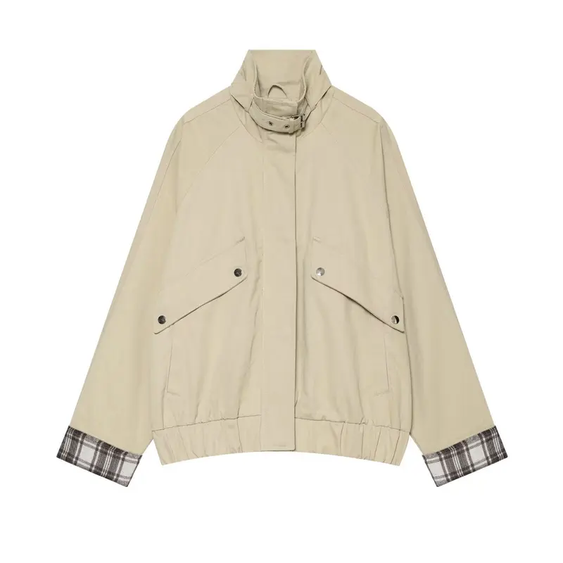 Damen Wasserabweisende Cropped-Utility-Jacke mit hohem Stehkragen und Karodetail an den Ärmelaufschlägen Drune