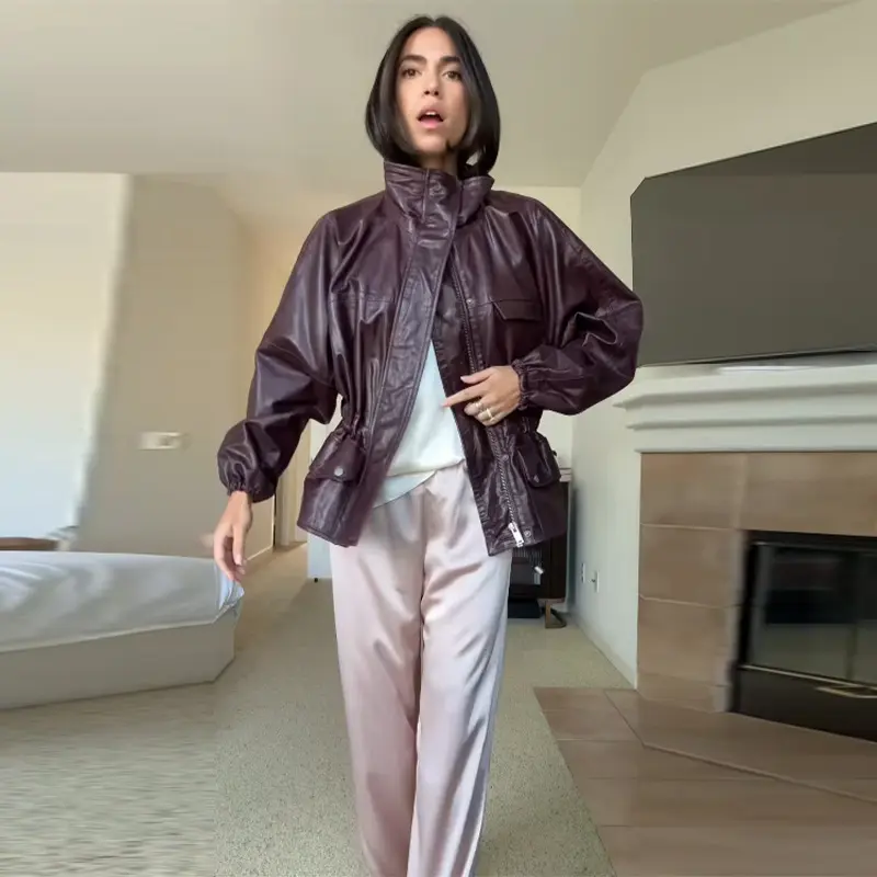 Damen Wasserabweisende Kunstleder-Utility-Jacke mit Stehkragen und aufgesetzten Pattentaschen Drune