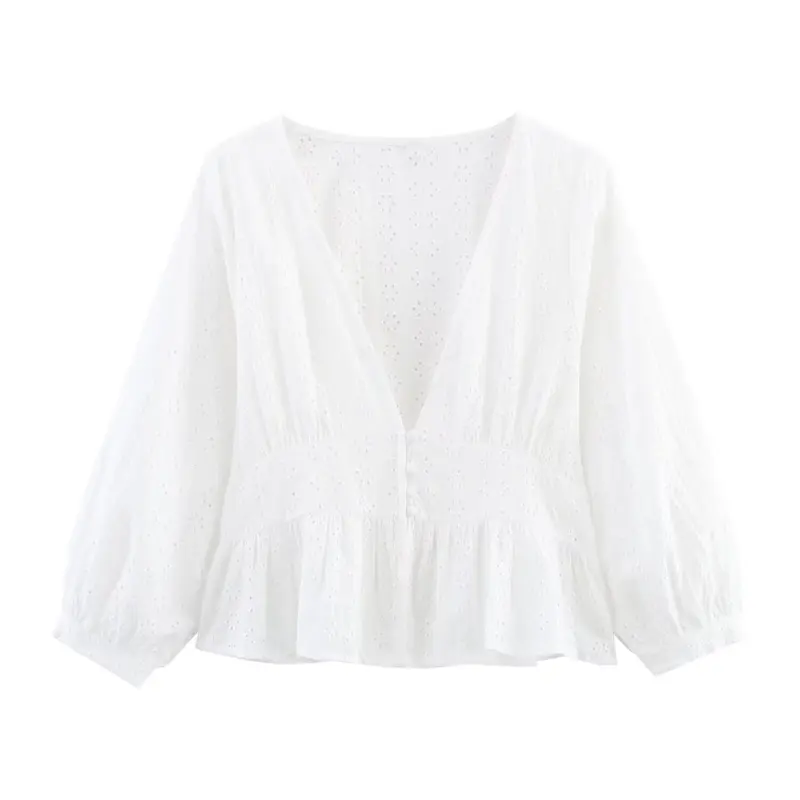 Damen Weiche Broderie-Anglaise-Bluse mit tiefem V‑Ausschnitt, Taillennaht und Volant Drune