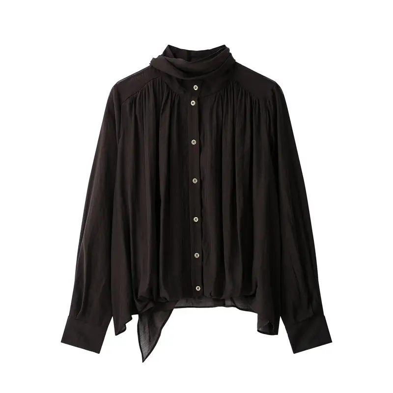 Damen Weiche Chiffonbluse mit Stehkragen, Knopfleiste und asymmetrischem Saum Drune