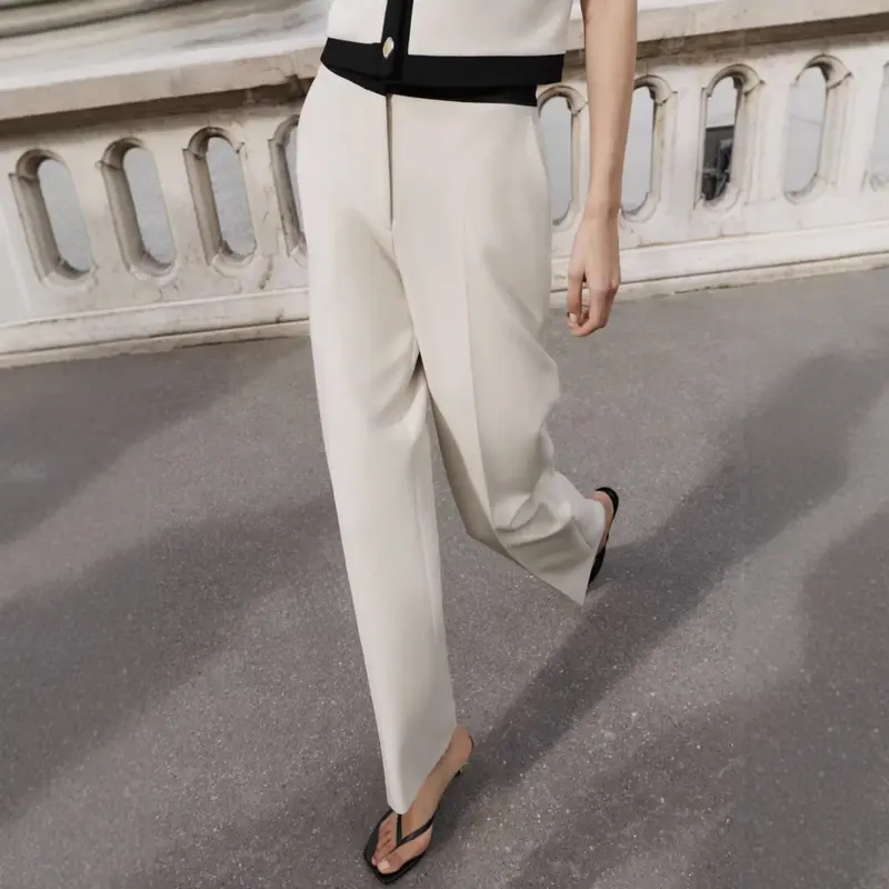 Damen Weiche High‑Waist Stoffhose mit elastischem Kontrastbund und geradem Bein Drune