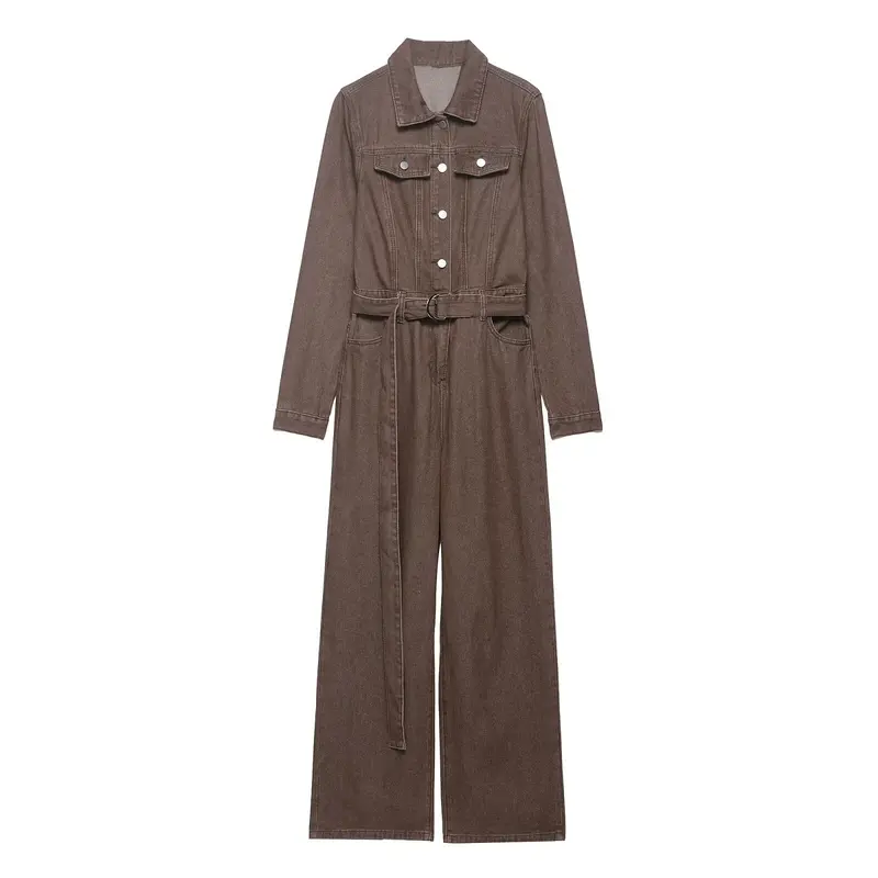 Damen Weicher Denim-Overall mit Hemdkragen, taillierendem Gürtel und weitem Bein Drune