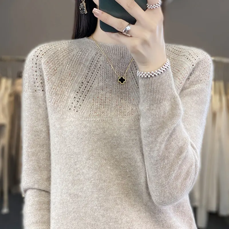 Damen Weicher Kaschmir‑Optik Feinstrickpullover mit Ajour‑Yoke und Paillettenbesatz Drune