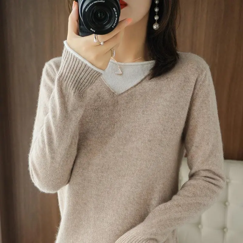 Damen Weicher V‑Ausschnitt-Pullover aus Kaschmir‑Look mit kontrastierter Kantenverzierung Drune