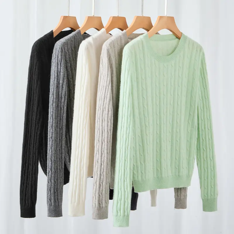 Damen weicher Zopfstrick-Pullover aus Feinstrick mit Rundhalsausschnitt und Rippbündchen Drune