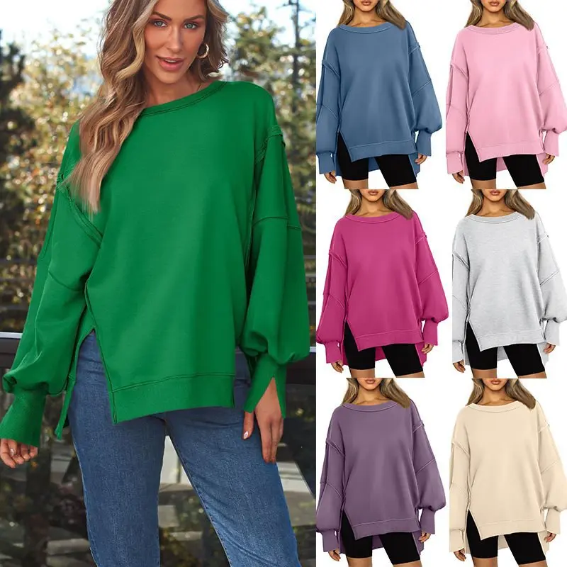 Damen Weiches Longline-Sweatshirt mit Ballonärmeln, seitlichen Schlitzen und geripptem Saum Drune