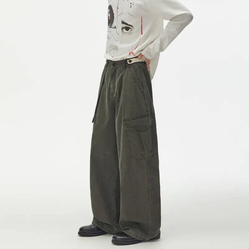 Damen Weit geschnittene Cargo-Palazzohose aus gebürstetem Baumwoll-Twill mit tiefem Schritt und aufgesetzten Klappentaschen Drune