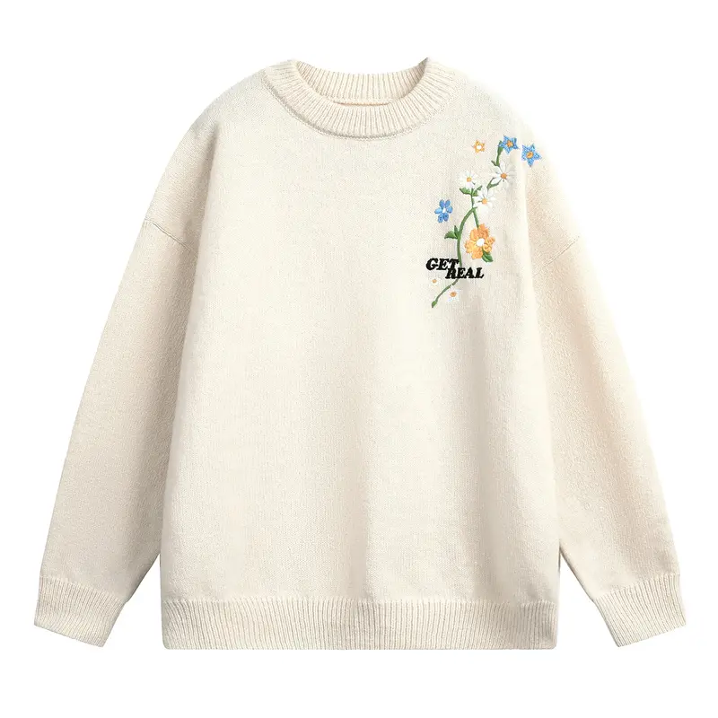 Damen Weit geschnittener Rundhals‑Strickpullover mit floraler Stickerei Drune