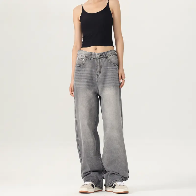 Damen Weitbeinige Stonewashed-Denim-Jeans mit tiefer Bundlinie und verlängertem Saum Drune