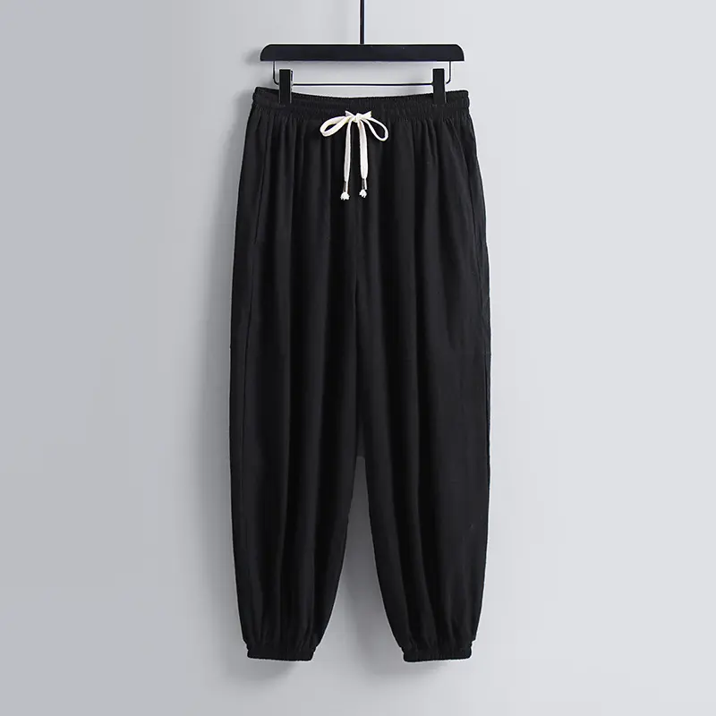 Damen weite Baumwoll-Leinen-Freizeithose mit Kordelzug und elastischen Knöchelbündchen Drune