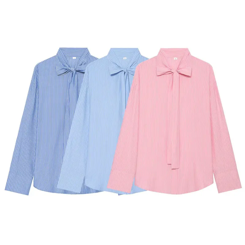 Damen Weite Bluse mit Schluppenkragen und Nadelstreifen Drune