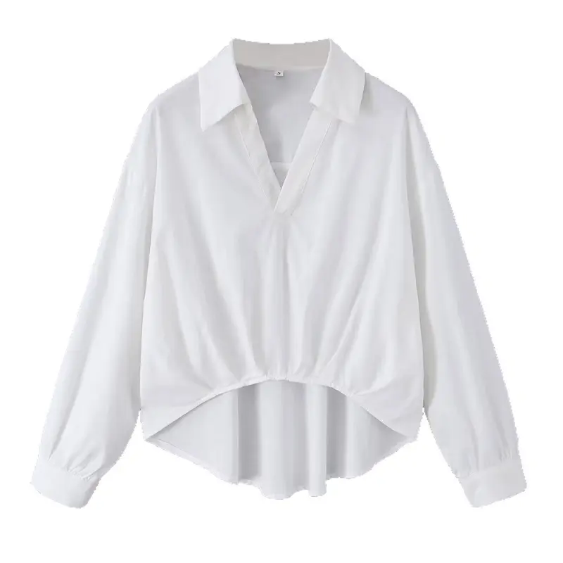 Damen Weite Bluse mit V‑Ausschnitt, Hemdkragen und gerafftem Hoch-Tief-Saum Drune
