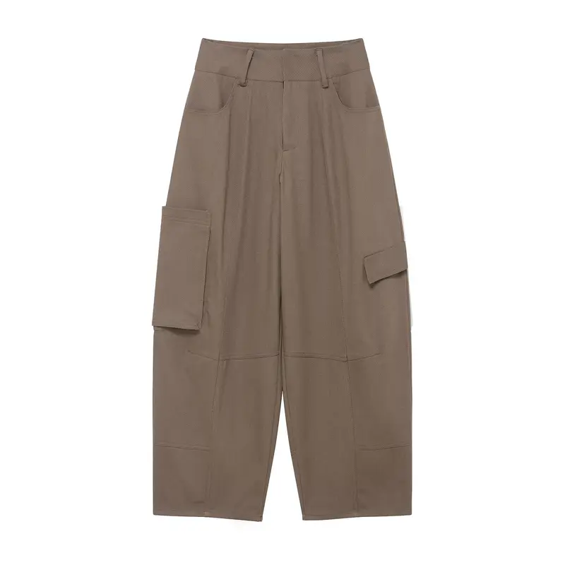 Damen weite Cargo-Cropped-Hose mit hoher Taille und aufgesetzten Taschen Drune