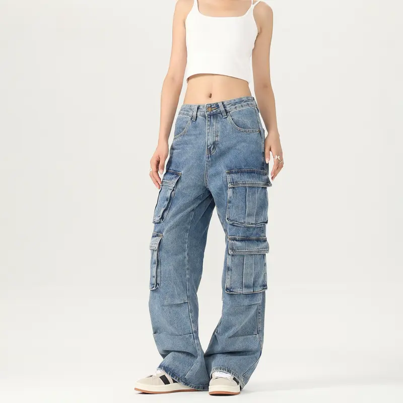 Damen Weite Cargo-Denimhose mit mehreren Klappentaschen und Baggy‑Silhouette Drune