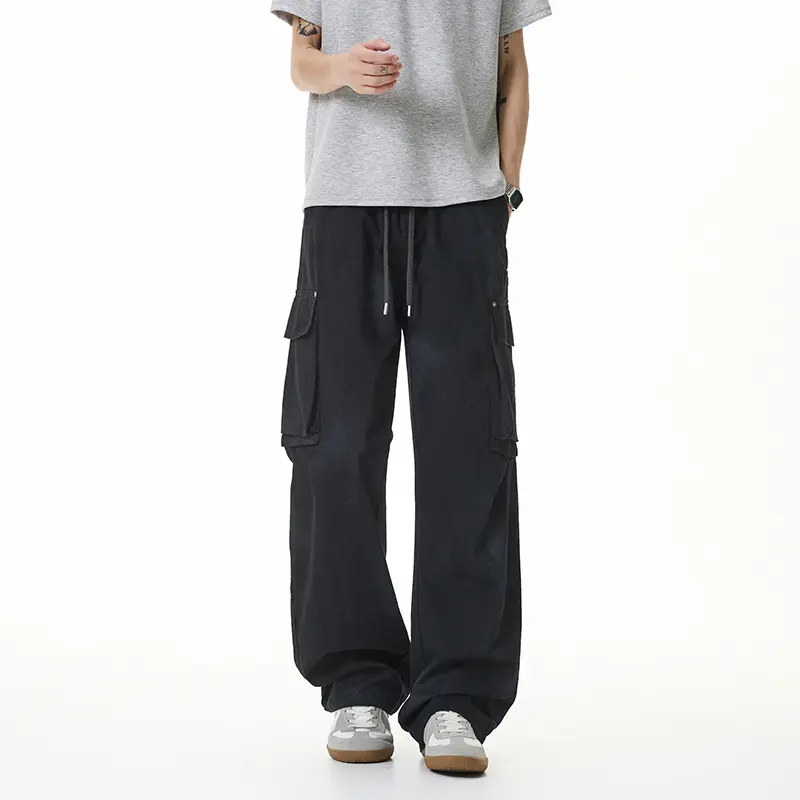 Damen Weite Cargo-Hose im Baggy-Stil mit Tunnelzugbund, Multifachtaschen und Used-Waschung Drune