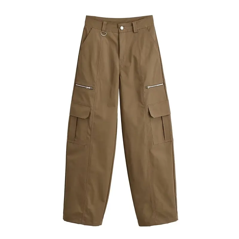 Damen Weite Cargo-Hose mit Utility-Taschen, Reißverschluss-Details und hoher Taille Drune