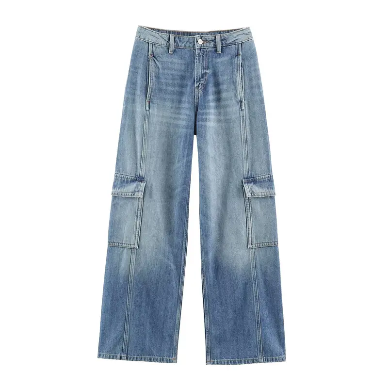 Damen Weite Cargo-Jeans mit hohem Bund, aufgesetzten Pattentaschen und Ziernähten Drune