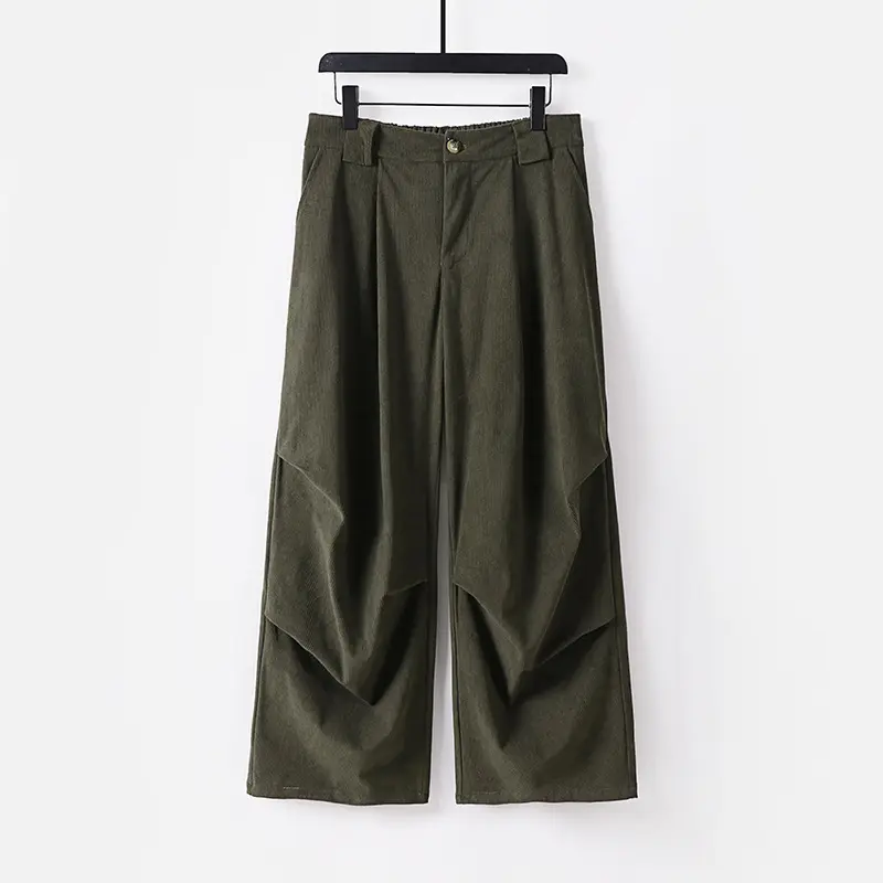 Damen Weite Cordhose mit hoher Taille, Bundfalten und Eingrifftaschen Drune