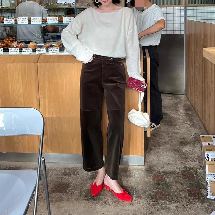 Damen Weite Cordhose mit hoher Taille, Cropped-Bein und Eingrifftaschen Drune