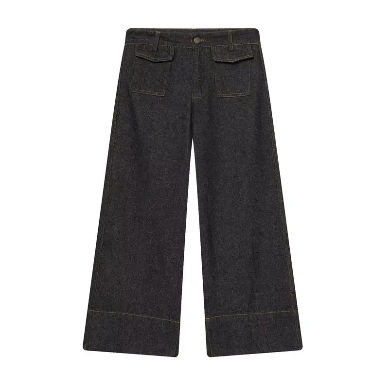 Damen Weite Cropped-Jeanshose mit hoher Taille, aufgesetzten Klappentaschen und breitem Saum Drune