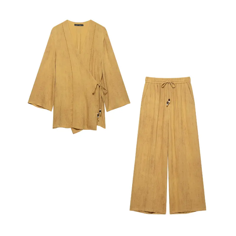 Damen Weite Culotte-Hose in Leinenoptik mit Gummibund und Zierkordel Drune