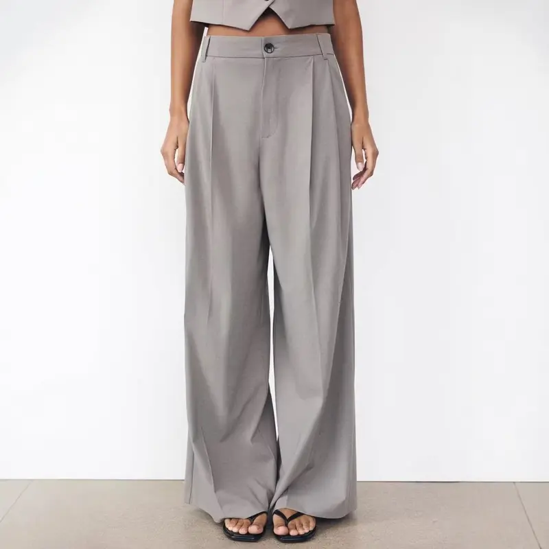 Damen Weite High‑Waist Bundfaltenhose mit weitem Bein Drune