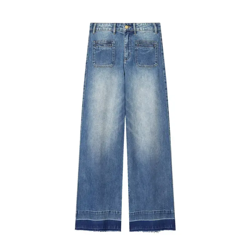 Damen Weite High‑Waist Cropped Denim-Jeans mit aufgesetzten Taschen und rohem Saum Drune